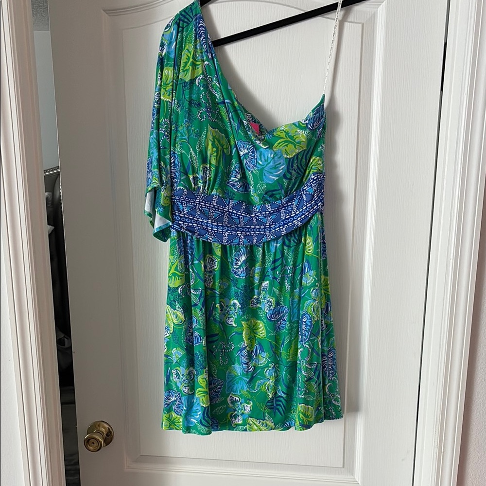 NWOT Lilly Pulitzer Green and Blue One-Shoulder Romper